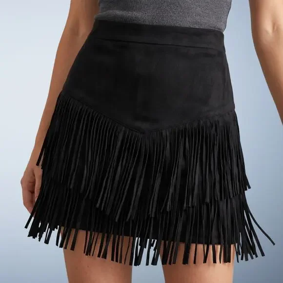 Altar'd State Black Faux Suede Tiered Fringe Western Mini Skirt Size Small