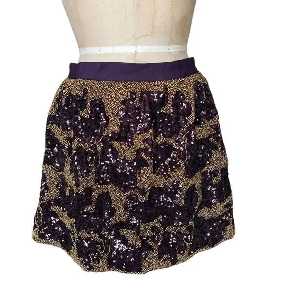 CLUB MÓNACO Purple & Gold Floral Sequin Beaded Mini Skirt Size M