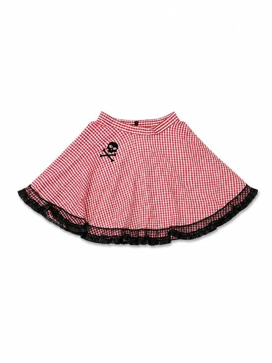Skull and Star Red Checkered Midi Skirt with Lace Trim, Size Small