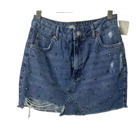 Topshop Moto Mini skirt Womens Size 6 Blue Denim Distressed Studded Jean