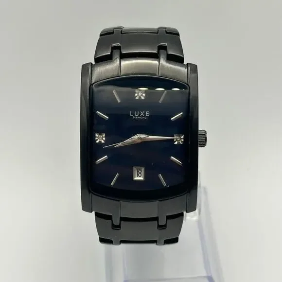 Luxe Men’s Diamond Watch Black Stainless Steel Working New Battery