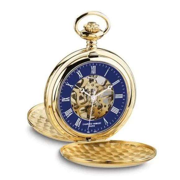 Charles Hubert Gold-plated Double Hunter Blue Dial Pocket Watch