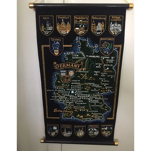 Germany Map Scroll Fabric Roll Up Tapestry Wall Hanging 18.5