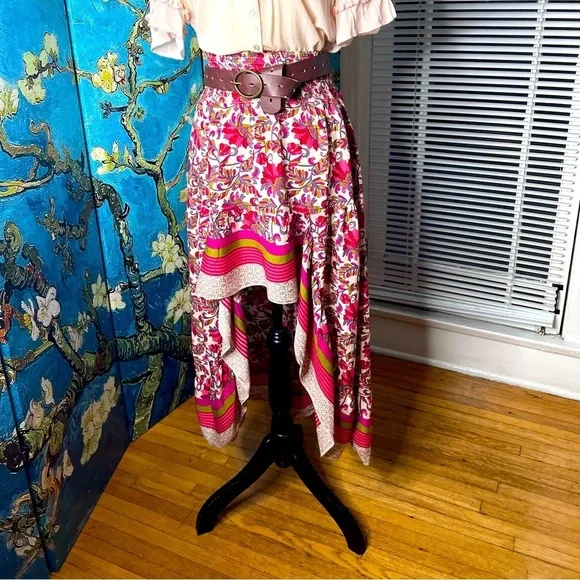 BTFBM size M, hi Lo, red and green flowered patterned skirt.