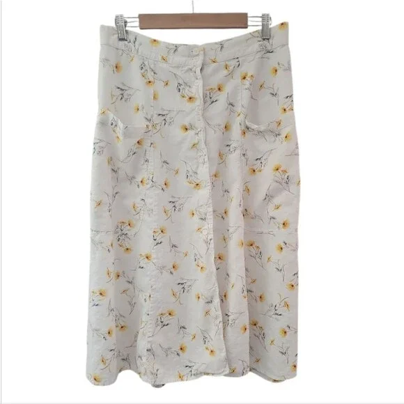 Happy Nature Linen Blend Floral Skirt Women’s 14 Cream Yellow Midi Cottagecore