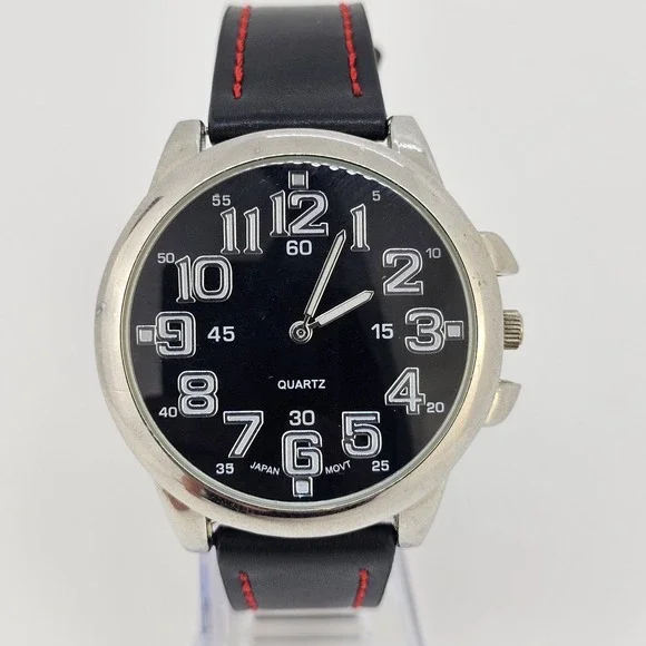 Men's Analog Watch 44MM Black Dial‎ Black Red Faux Leather Bands New Battery
