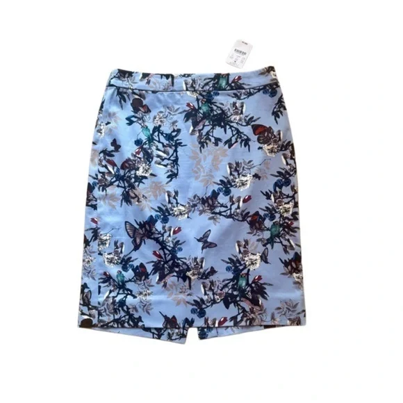 J. Crew Blue Floral Bird Butterfly Pencil Skirt