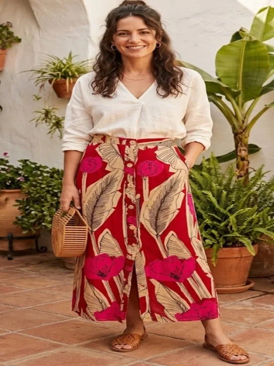 Zara Red and Pink Tropical Midi Skirt
