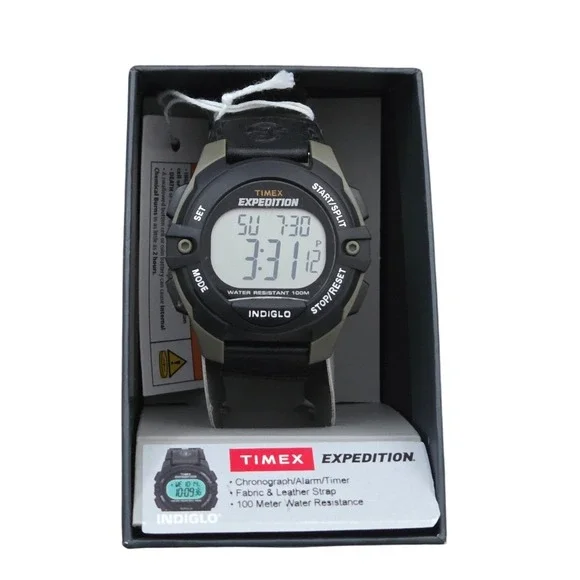 Timex Mens Expedition Digital Watch‎ Black Green Fabric Leather Water Resistant