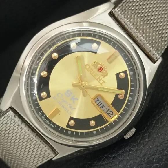 Vintage 1970 Orient Automatic Mens Silver Watch W/daydate & Gold accents