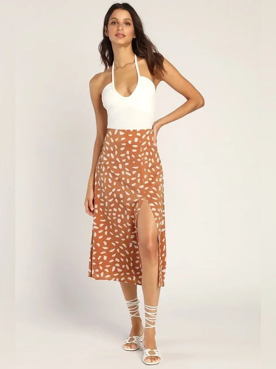 Lulus Getting Glam Peach Print Slit Midi Skirt Size XS NWT