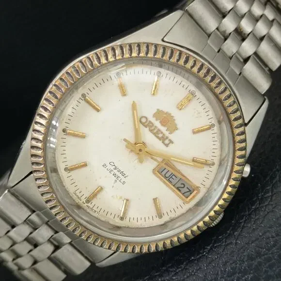 Vintage 1977 Orient Automatic Mens Silver Watch W/daydate & Gold accents