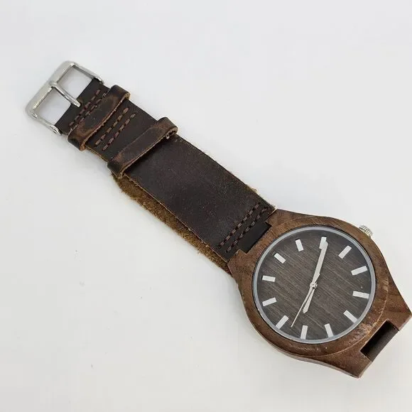 Wood Men's Watch 44MM Brown Dial Case Brown Leather Bands New Battery‎