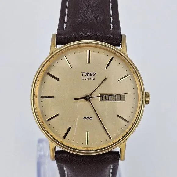 VTG Timex Men's Watch 32MM Gold Dial DayDate New Brown Leather Bands New Battery