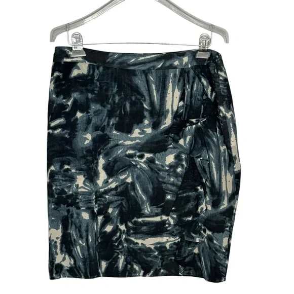 Ann Taylor Size 10 Green/Black/Cream Silk/Spandex Faux Wrap Lined Skirt w Ruffle