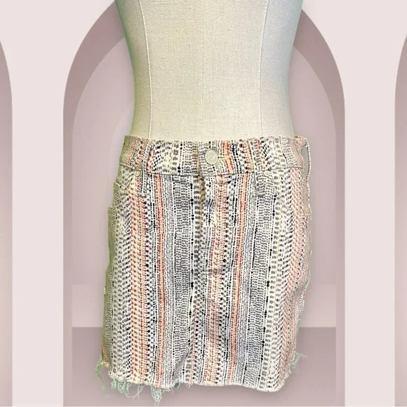 NWT MOTHER Denim ‘Straight Mini Fray’ Denim Skirt in “Mandarin” Orange Dot Print