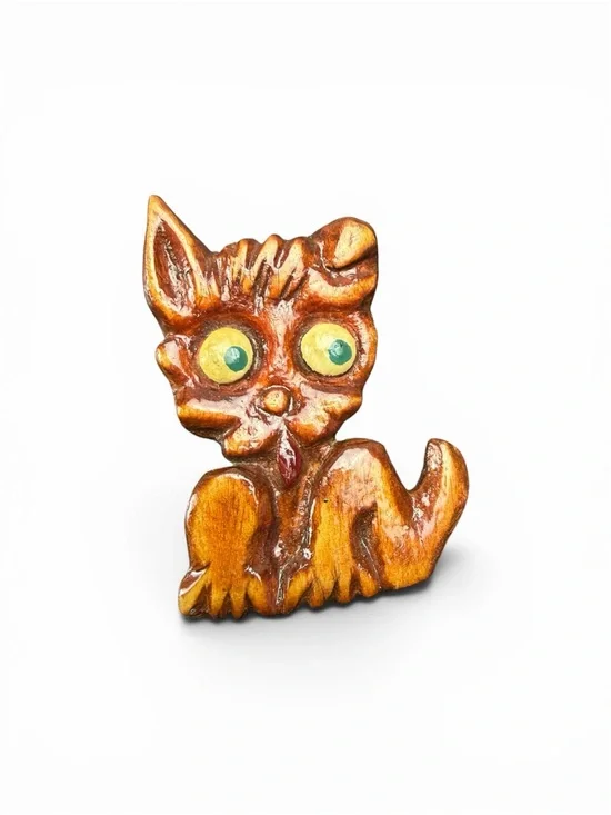 Wooden Cat Figurine Decorative Pin - Brown