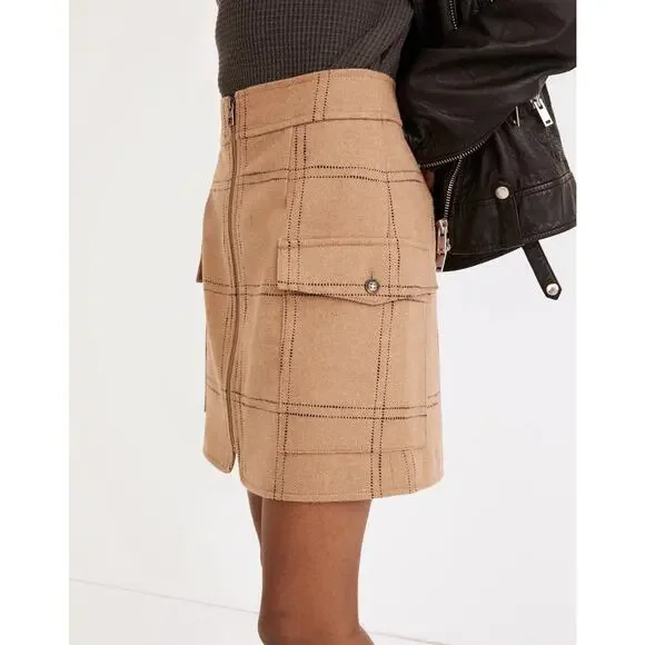 Madewell Zip-Front Mini Skirt in Windowpane Camel Wool Blend Women’s - Size 00