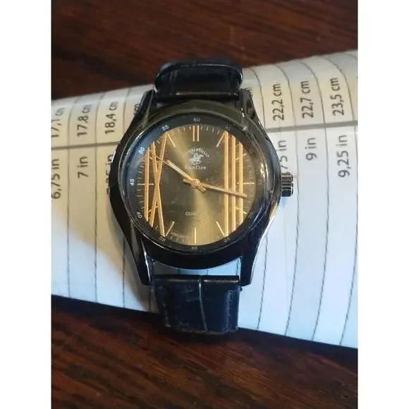 Mens Beverly Hills Polo Cub Black Dial Black‎ Faux Leather Band Watch Classic