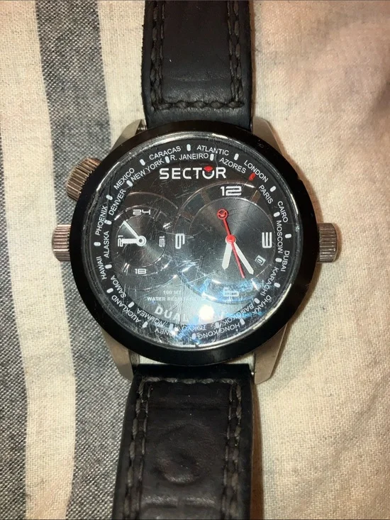 Men's Sector Oversized Dual Timezoned Black Leather Strap Watch