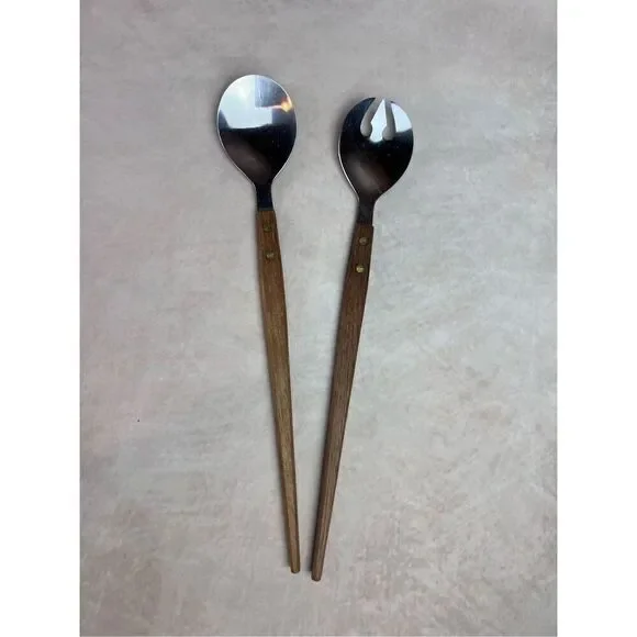 Vintage 1970s Stainless Steel Salad Fork Spoon Wood Handle Mid Century Modern Ja