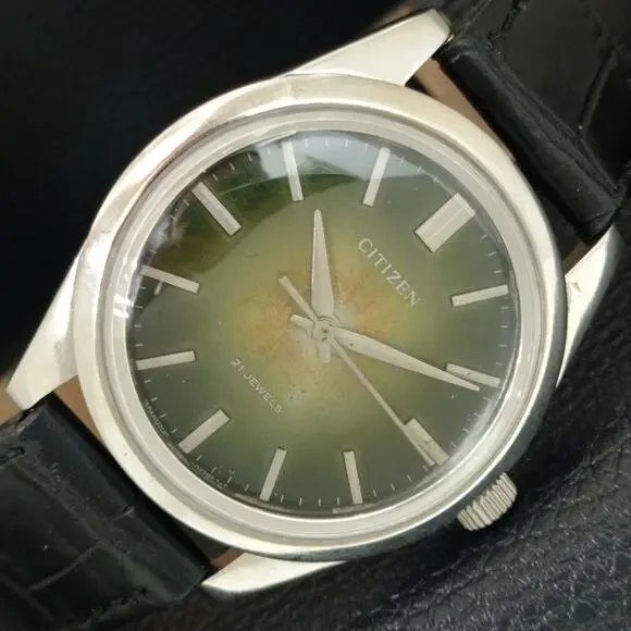 Vintage 1984 Citizen Manual Wound Mens Silver Watch & Olive accents