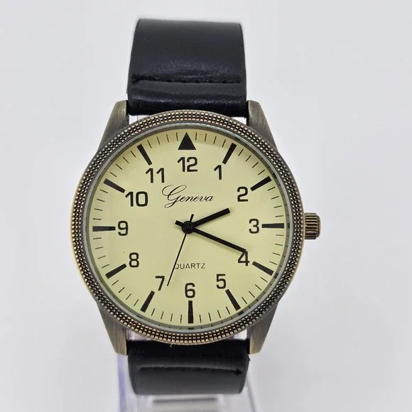 Men's Analog Watch 42MM Cream Dial Black Faux Leather Bands New Battery