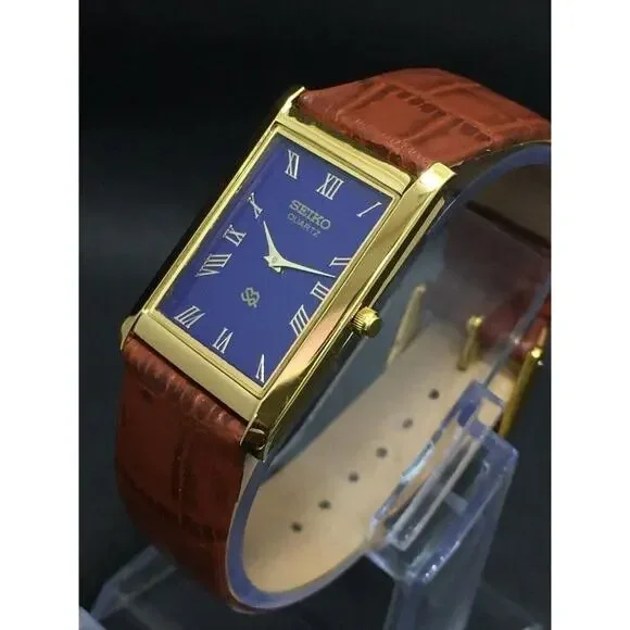 Vintage Style Seiko Quartz Mens Gold Watch & Blue accents W/ Leather Strap