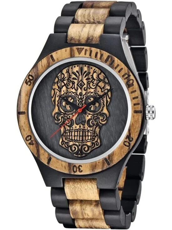 Men's Brown Black Handmade Skull Lightweight Analog Quartz Wrist Wooden Watch