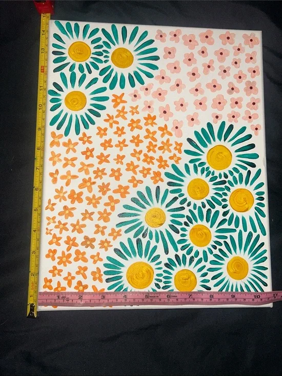 Hand-Painted Floral Canvas — Yellow, Teal & Peach Flowers