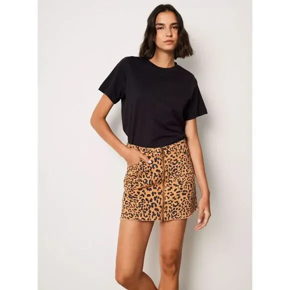Free People Zip It Up Leopard Print Raw Hem Cotton Denim Mini Skirt Size 28