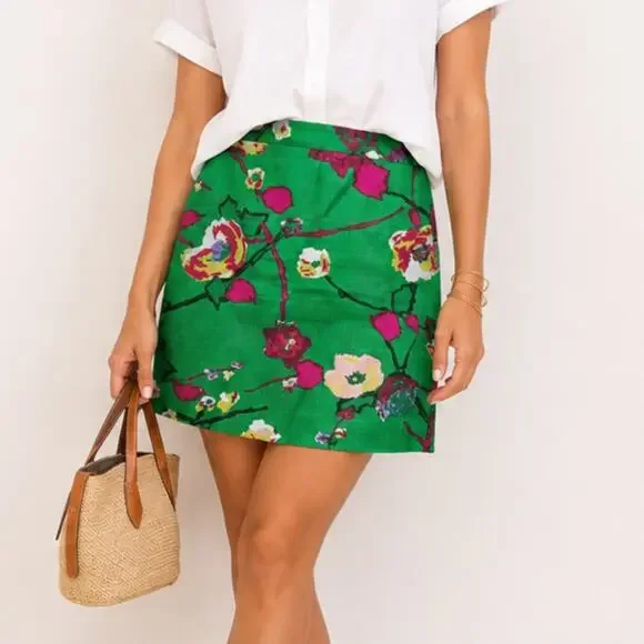 J.Crew Pencil Skirt Women's Size 2P Green Floral Cotton Office Career Cocktail