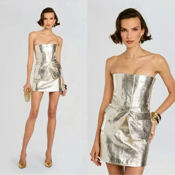 NWT RETROFÊTE ANNIE LEATHER mini skirt in GOLD (no belt)