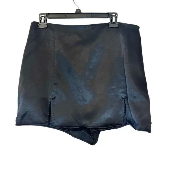 Zara Satin Effect Slit Front High Waisted Side Zip Black Mini Skort Size XL