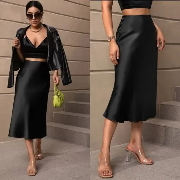 Shein Solid Midi Black Skirt Size XS