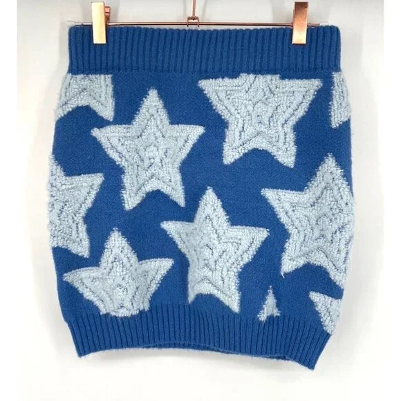 Bucket List Womens Knit Mini Skirt Star Pattern Size Large Blue NWT