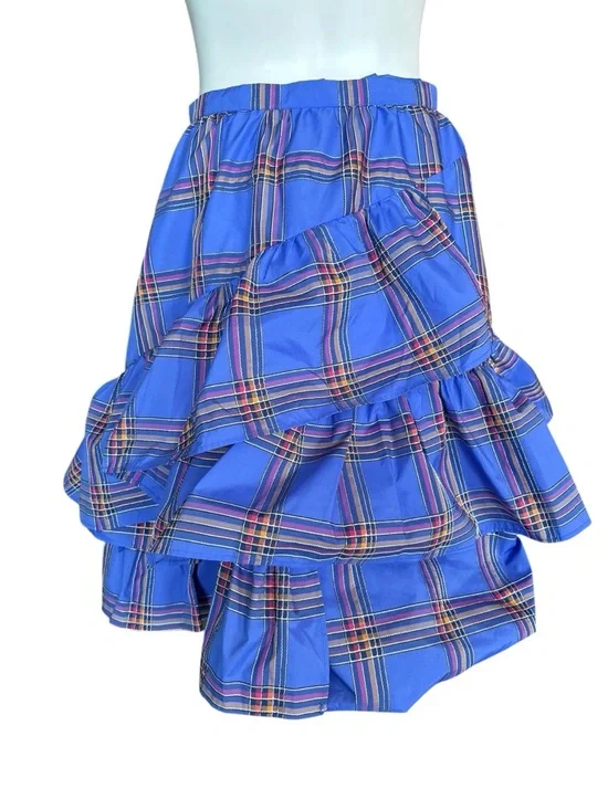 Anthropologie Maeve Blue Plaid Tiered Ruffle Mini Skirt 6