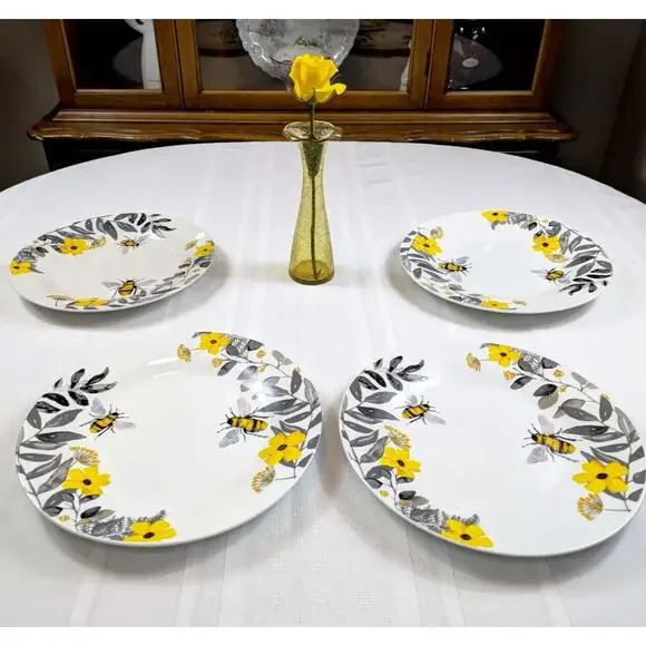 4 + Set Royal Norfolk Ceramic Bee Dinner Plates Floral Yellow White Spring 10.5