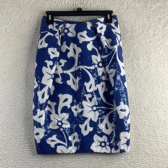 NWOT Diane Von Furstenberg Womens Blue White Sequined Floral Skirt Size 0