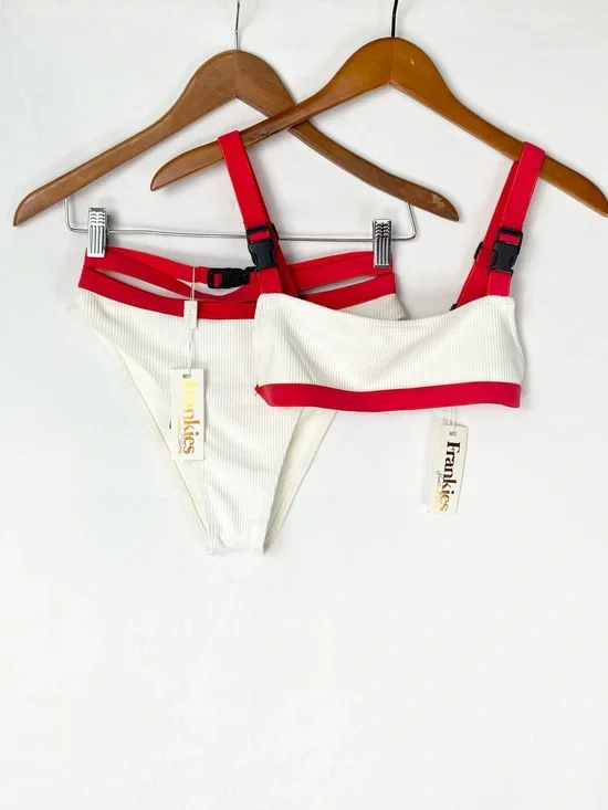 NEW Frankies Bikini Kiki Ribbed Bikini Buckle Up Red White Summer Size Small