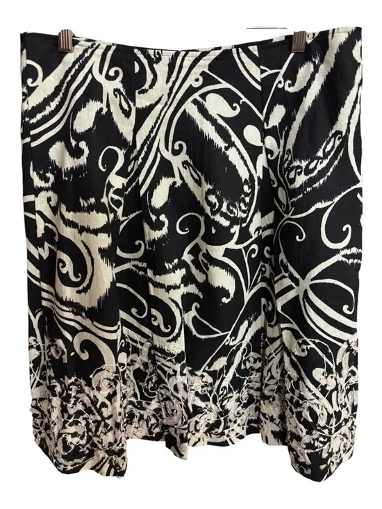 NWT St John COUTURE Black/Off-White Swirl Pattern Pearl Accent Linen Skirt Sz 12