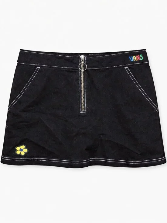 Vans Women's Black Mini Skirt with Zipper and Embroidered Flower, Size XL