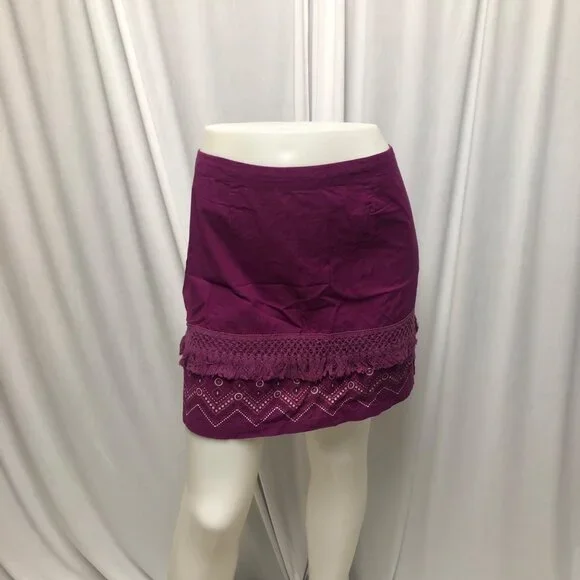Coline Mini Skirt Womens Size Medium Plum Purple Fringed Cotton Boho Hippie Fun