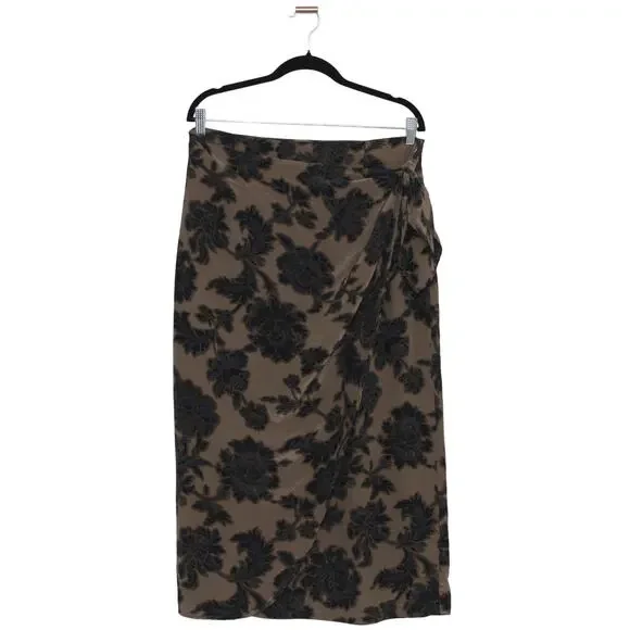 Jones New York 100% Silk Midi Skirt Size 16 Olive Green Floral