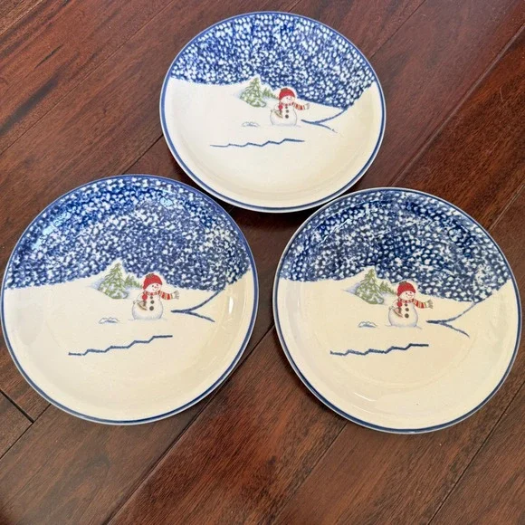 Thomson Pottery‎ Snowman Salad Plates Set 3 Christmas Winter Blue 8