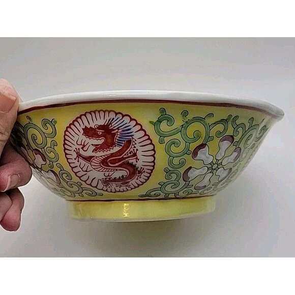 Vintage Asian Hand Painted Yellow Dragon Bowl 7⅝'' x 2½