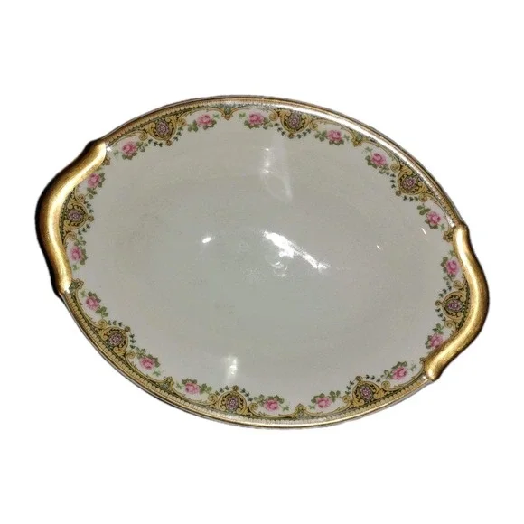 Antique U.C. Limoges Oval Bowl Serving Gilded Yellow Pink Floral Trim 2 handled‎