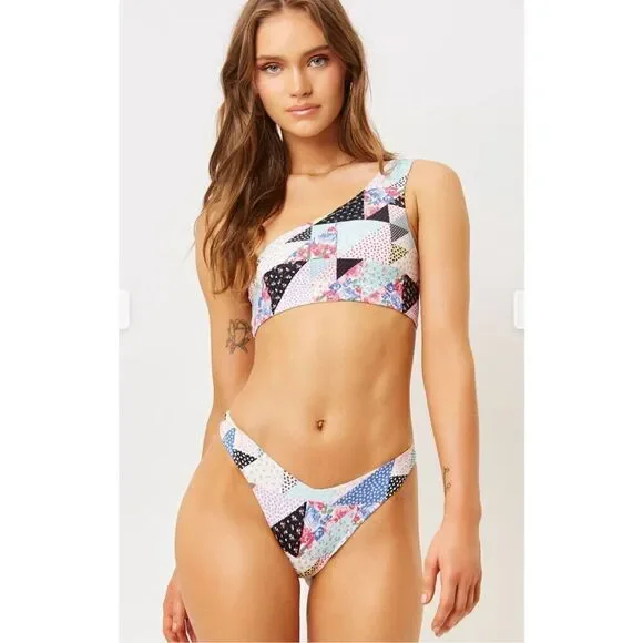 NWT Frankies Bikinis Barb One Shoulder Bikini Top in Patchwork Multi Pattern S