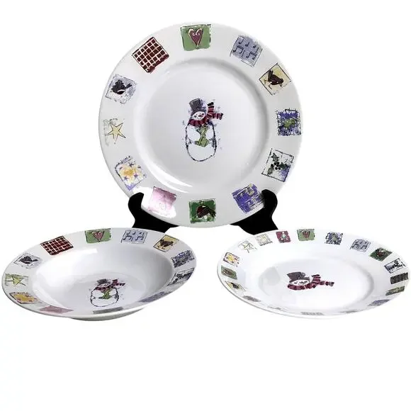 Gibson Concord Collection 2001 Snowman Patchwork 3-PC Place Setting-Excellent