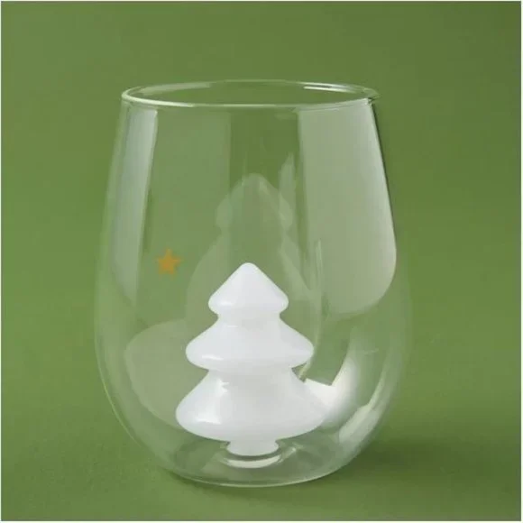 Anthropologie Yuletide Stemless Wine Glass with White Evergreen Tree –NWT in box